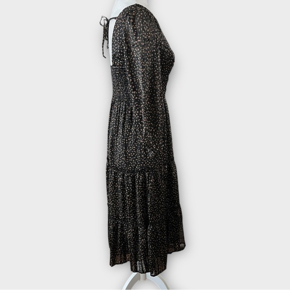 Japna Size Small Black Metallic Print Bohemian Peasant Tiered Midi Sheer Dress - Picture 3 of 11